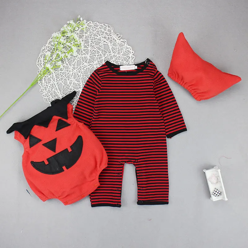 

3Pcs Halloween Stripe Rompers with Pumpkin Vest and Hat Baby Boy Winter Clothes Festival Outfits for Boys