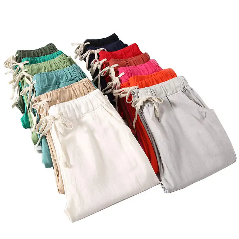 Lace Up Summer Pants Women Sweatpants Pantalon Femme Candy Colors Cotton Linen Harem Pants Casual Plus Size Trousers Women C5212