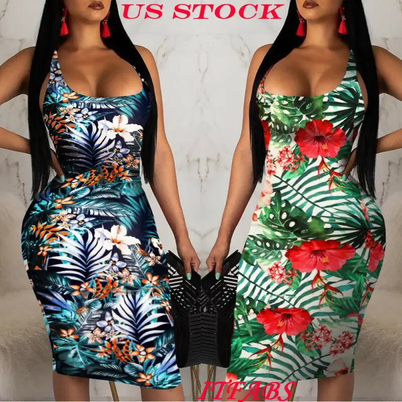 

Summer Sexy Women Ladies Sleeveless Boho Printed Beach Casual Loose Sundress