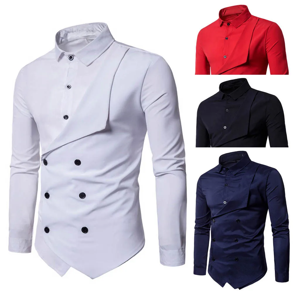 

2020 New Fashion Personality Men's Casual Slim Long-sleeved Solid Shirt black white red mens shirts casual slim fit long sleeve