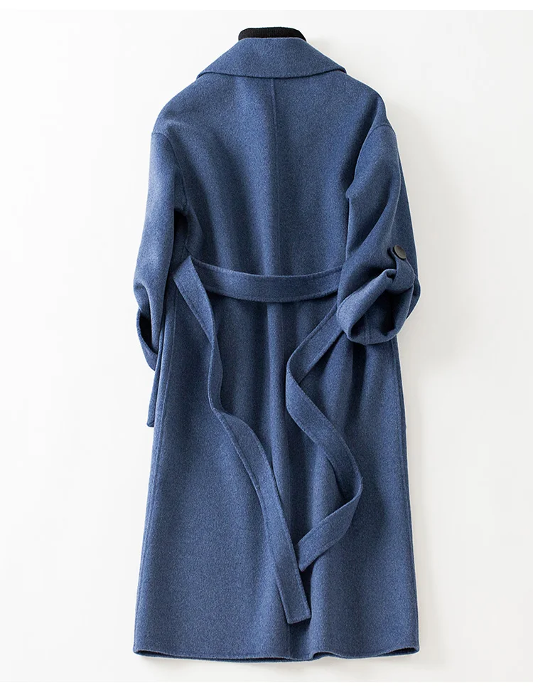 KMETRAM Autumn Winter Alpaca Coat Women Handmade Double-sided Cashmere Slim Long Jacket Ladies Vintage Blue Coats MY543