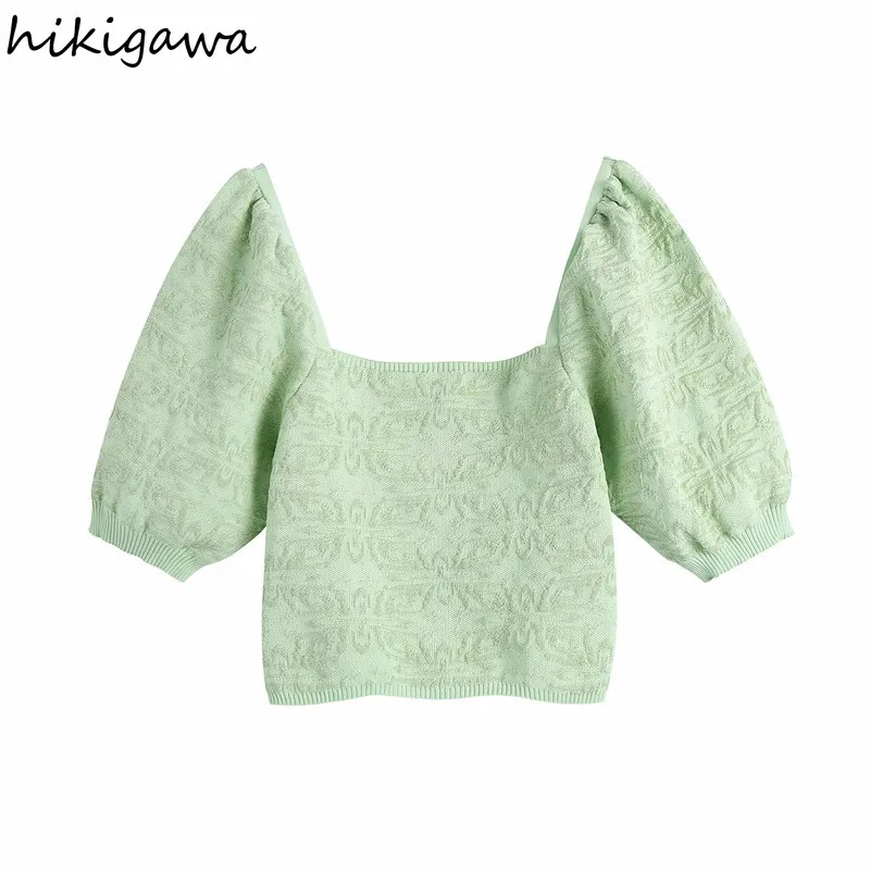 

Hikigawa Knitted Pullover Fashion Square Collar Short Puff Sleeve Short Knitting Women's Sweaters Fresh Sweet Elegant Sweater