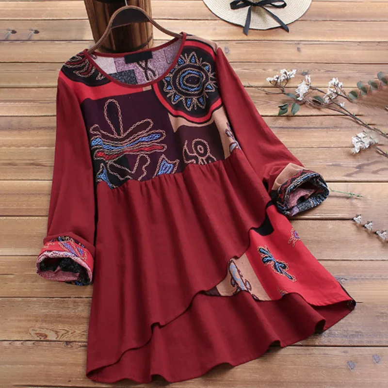 Цветочная туника с круглым вырезом лоскутные женские блузки длинным рукавом