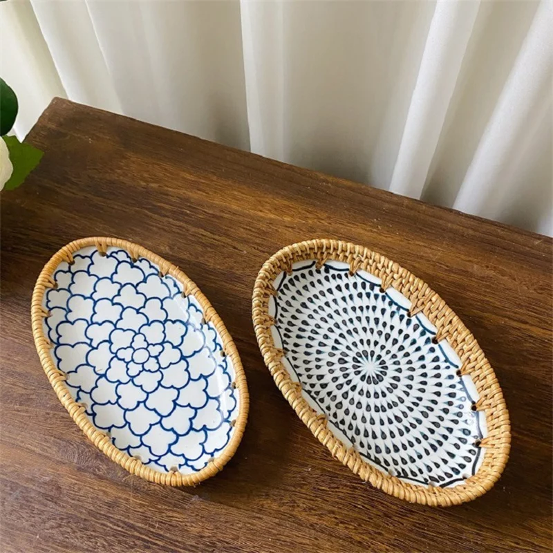 

Fruit Plate Vegetable Dish Food Container Handwoven Rattan Storage Basket Picnic Bread Cake Tray Ornament Box Kitchen Organizer