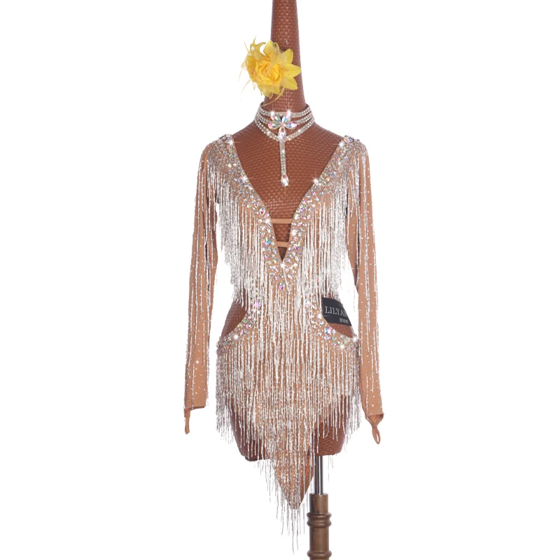 New Latin Dress Dance Dress Skirt Competition Dress Decoration Latin Dance Costumes Skirt Bead Tube Tassels Deep V complexional