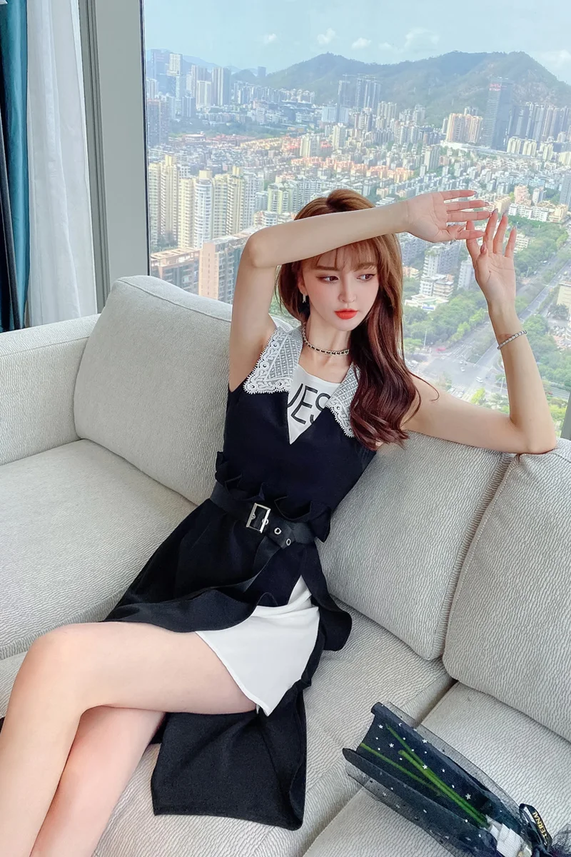 

COIGARSAM Women one-piece dress korean New Summer Dresses Black 5106