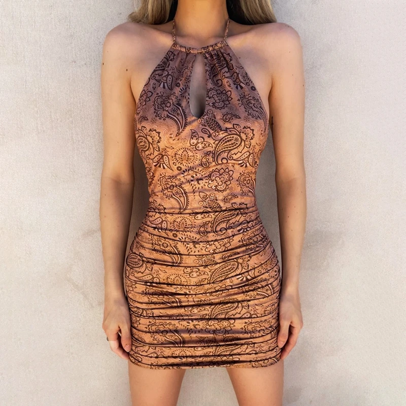 

Сексуальное мини-платье с открытой спиной, с винтажным графическим принтом, с лямкой на шее, летний элегантный сарафан с вырезами, облегающе...
