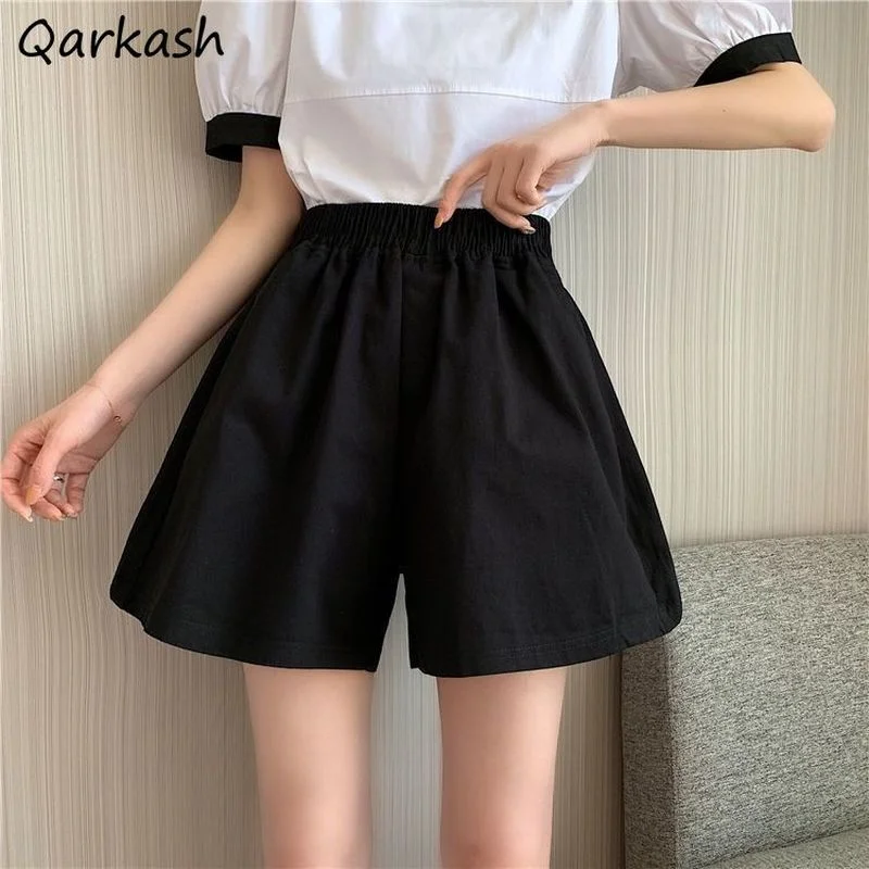 

Шорты женские с широкими штанинами, элегантные однотонные черные универсальные повседневные с карманами, с эластичным поясом, в стиле ретро, лето