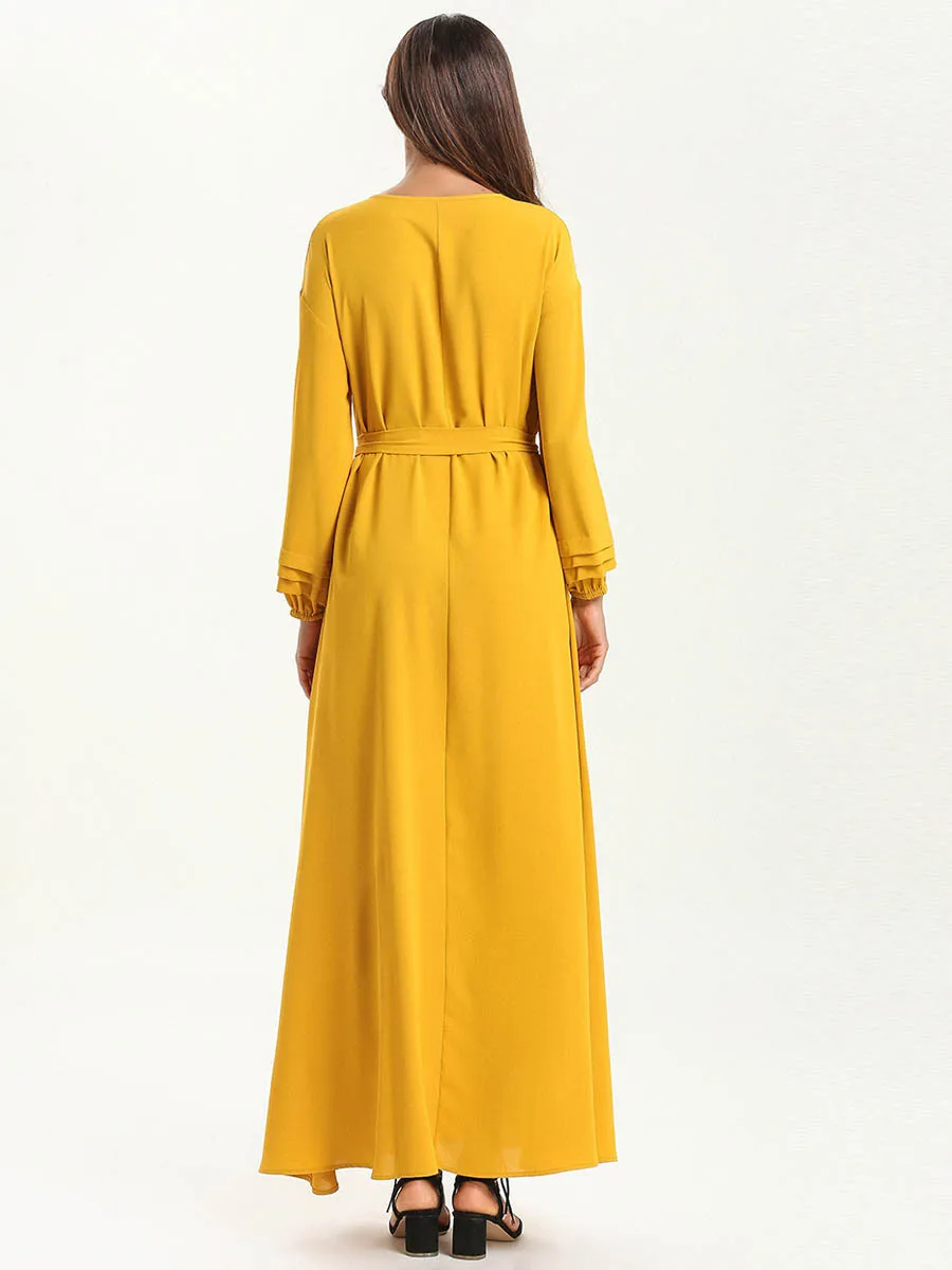 Мусульманское модное однотонное вышитое осеннее платье с длинными рукавами Caftan