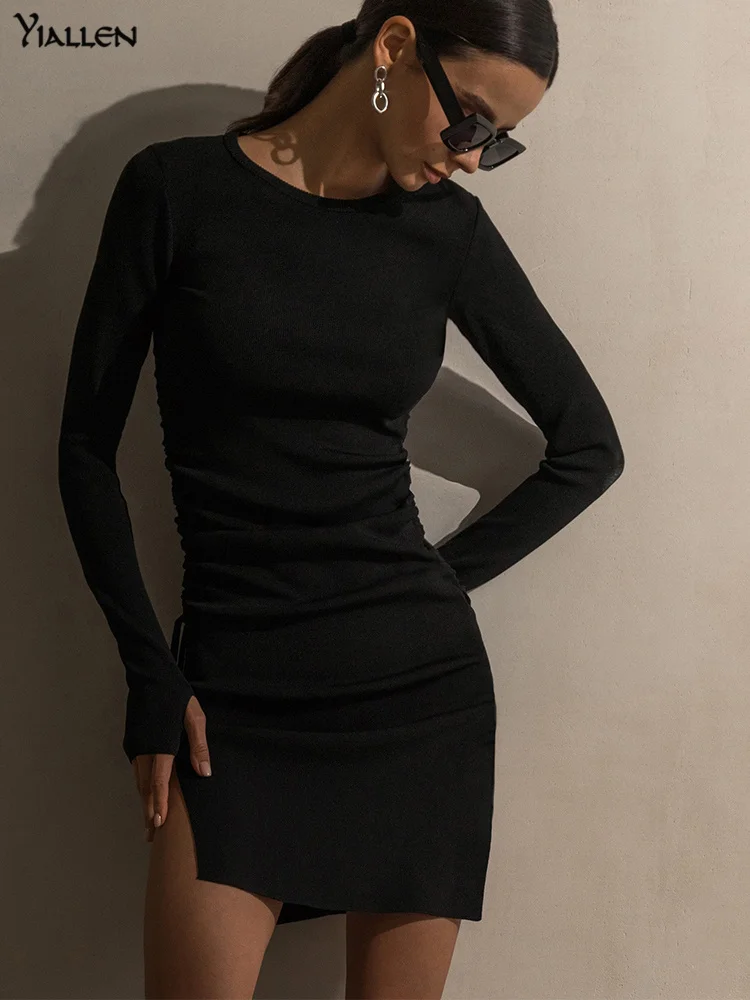 

Yiallen Solid Knitted Dress Women New Elegant Drawstring Bandage Street Style Wear Classy Side Split Long Sleeve Female Skirt