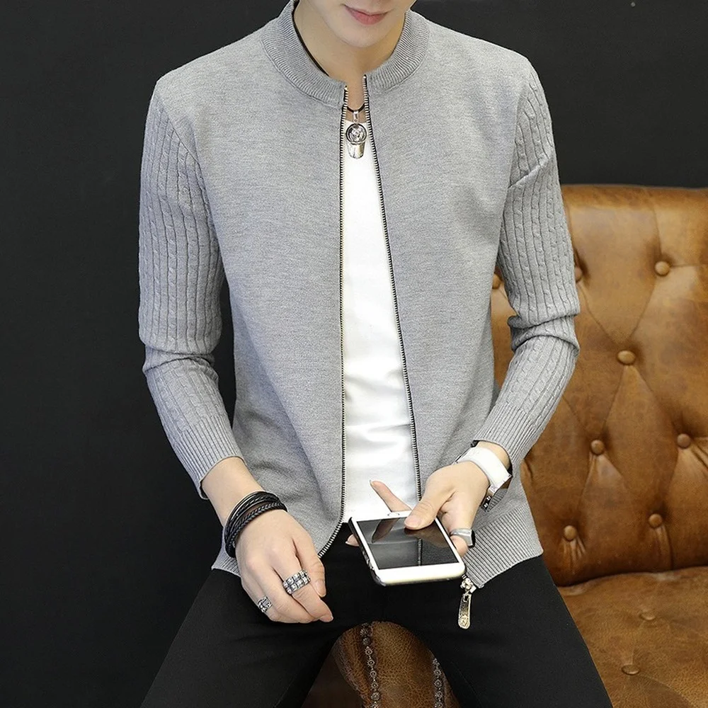 Cárdigan de moda coreana para hombre, suéter ajustado, ropa de calle con ajuste, Color sólido, con cremallera, gris, informa
