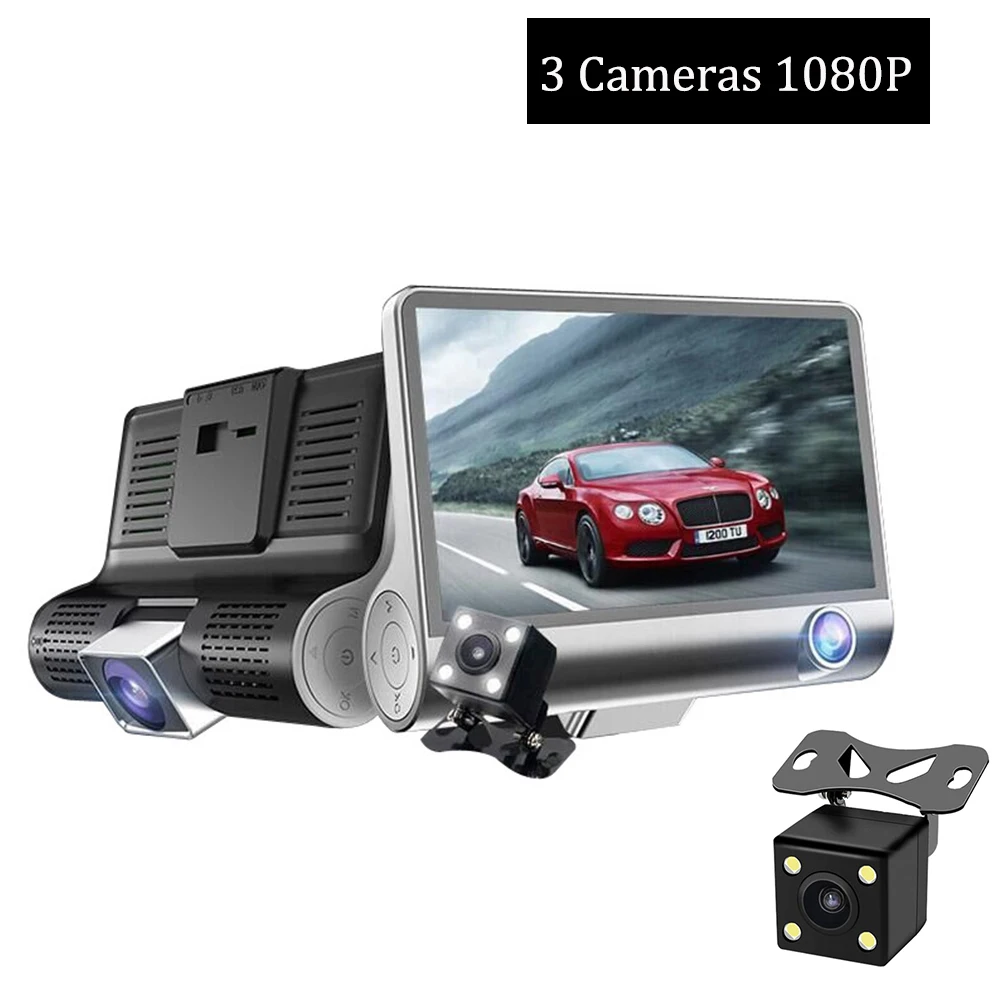 

4 Inch HD 1080P Car DVR 3 Camera Dash Cam Front Inside Dush Cam With Reversing Camera 32G Video Recorder 3 in 1 Lens Auto DVR