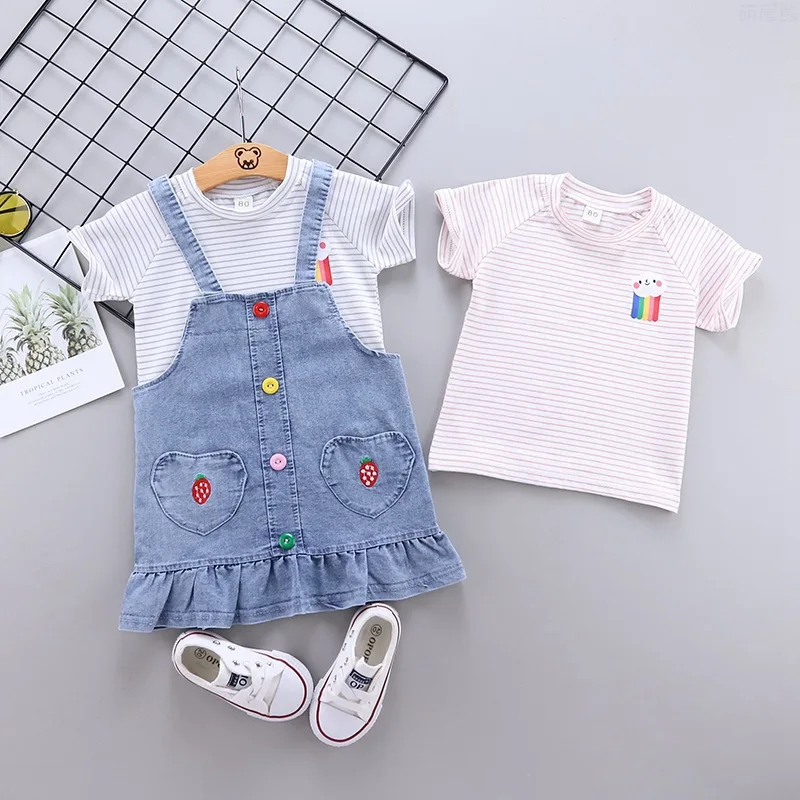 

Kids Baby Girls Summer Short Sleeve Striped Tops T-shirts Denim Strap Dresses Toddler Children Clothes Sets 2pcs 6M-4Y