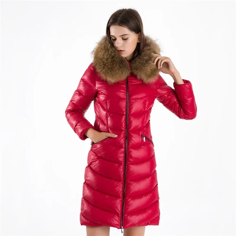 Женский зимний пуховик с большим капюшоном из меха енота Корейская Толстая