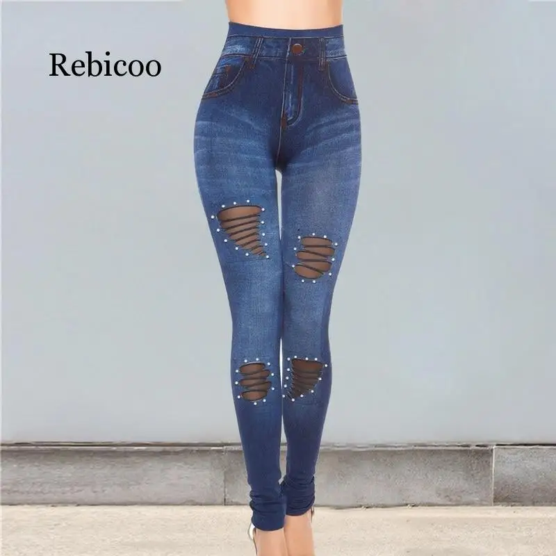 

Новинка 2019, бесшовные пикантные леггинсы из хлопка с голубыми отверстиями, джинсы с высокой талией