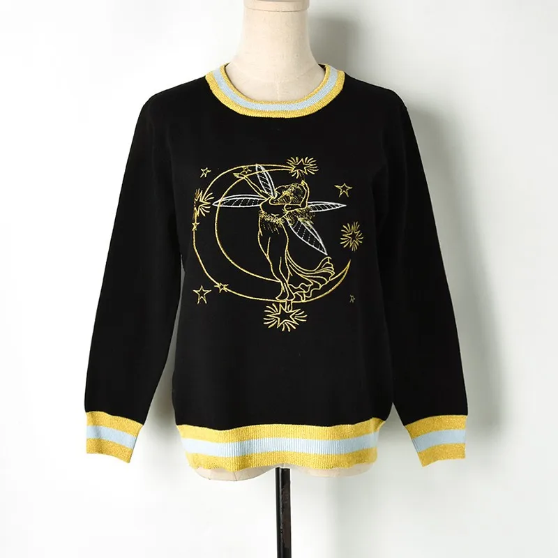 Женский вязаный свитер с люрексом Черный Повседневный пуловер вышивкой в виде