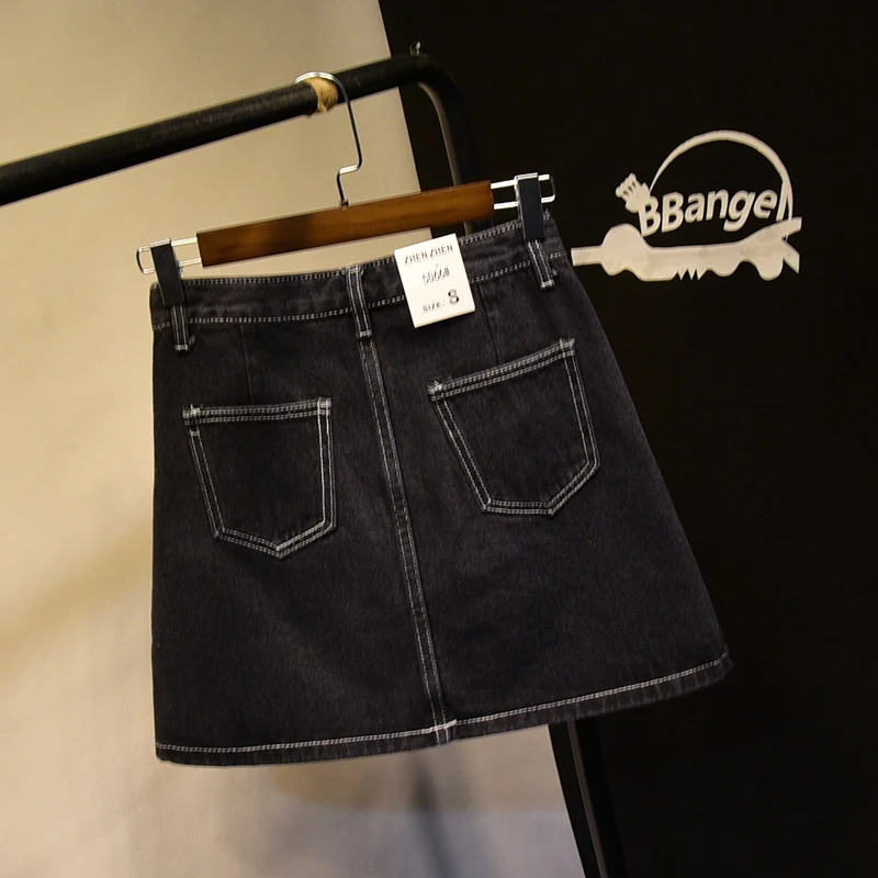 Черные джинсовые юбки трапециевидной формы с большим карманом на молнии женские
