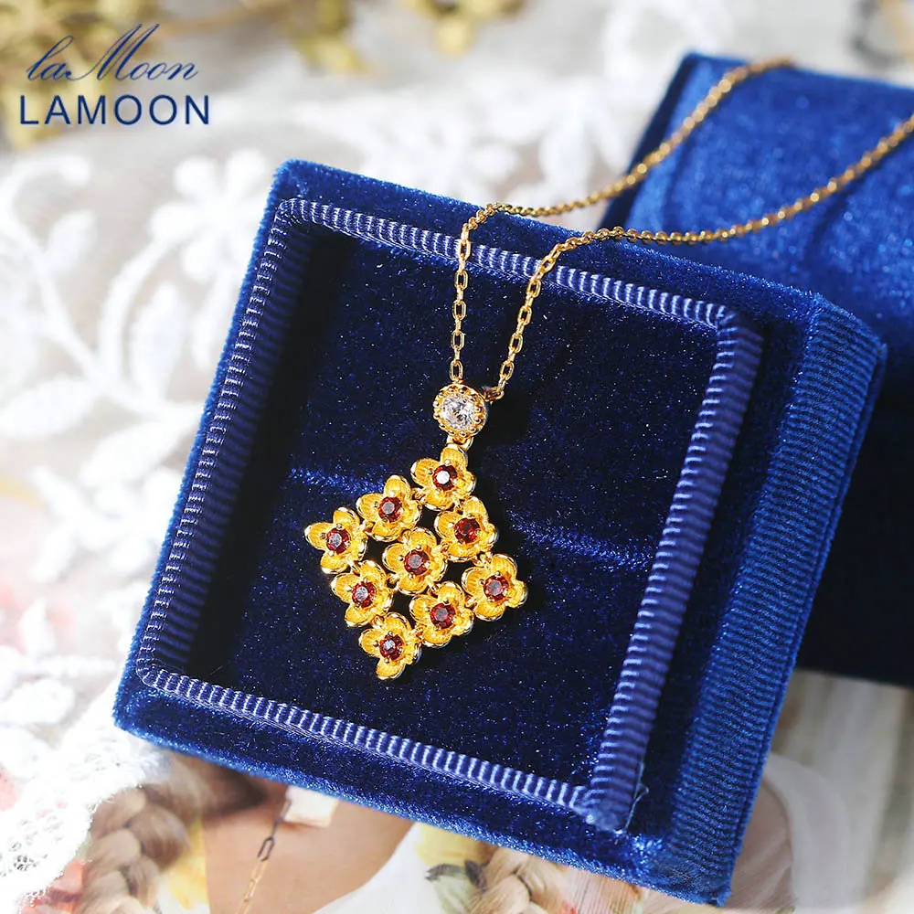 

Lamoon 925 Silver Luxury Wedding Jewelry Flower Pendant Necklace For Women Natural Garnet Long Chains 18K Gold Plated LMNI029