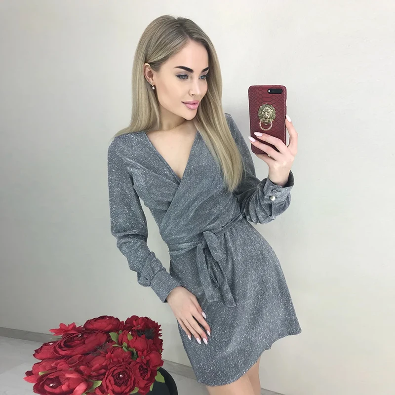 Для женщин пояса блестящий сексуальное платье с v образным вырезом вечерние