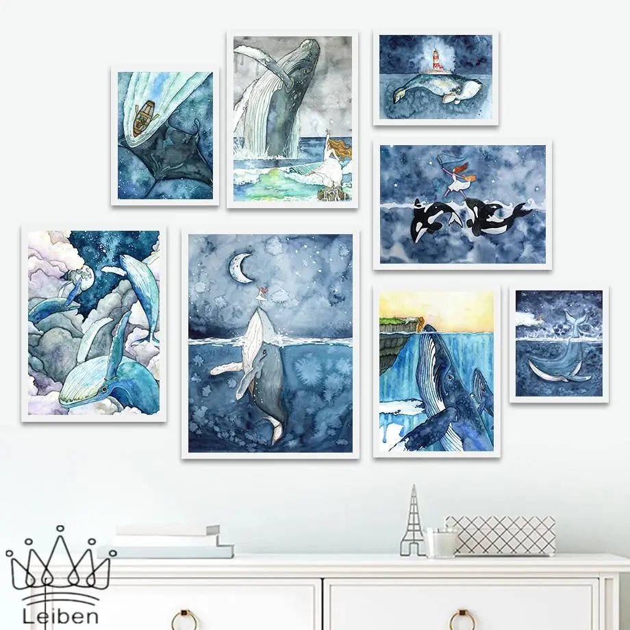 

Killer Whale Girl Marine Life Cartoon Canvas Painting Nordic Moon Boat Wall Art Poster Modern Nursery Home Decor Children's Room