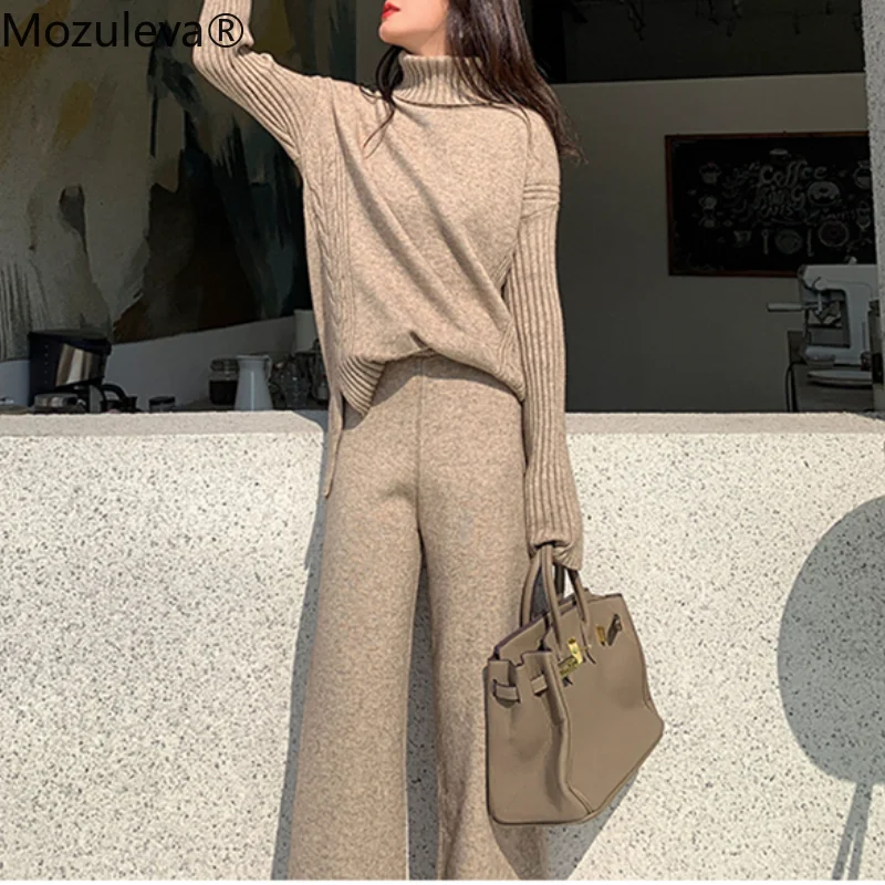 Осенне-зимний утепленный Женский комплект из 2 предметов водолазка и широкие