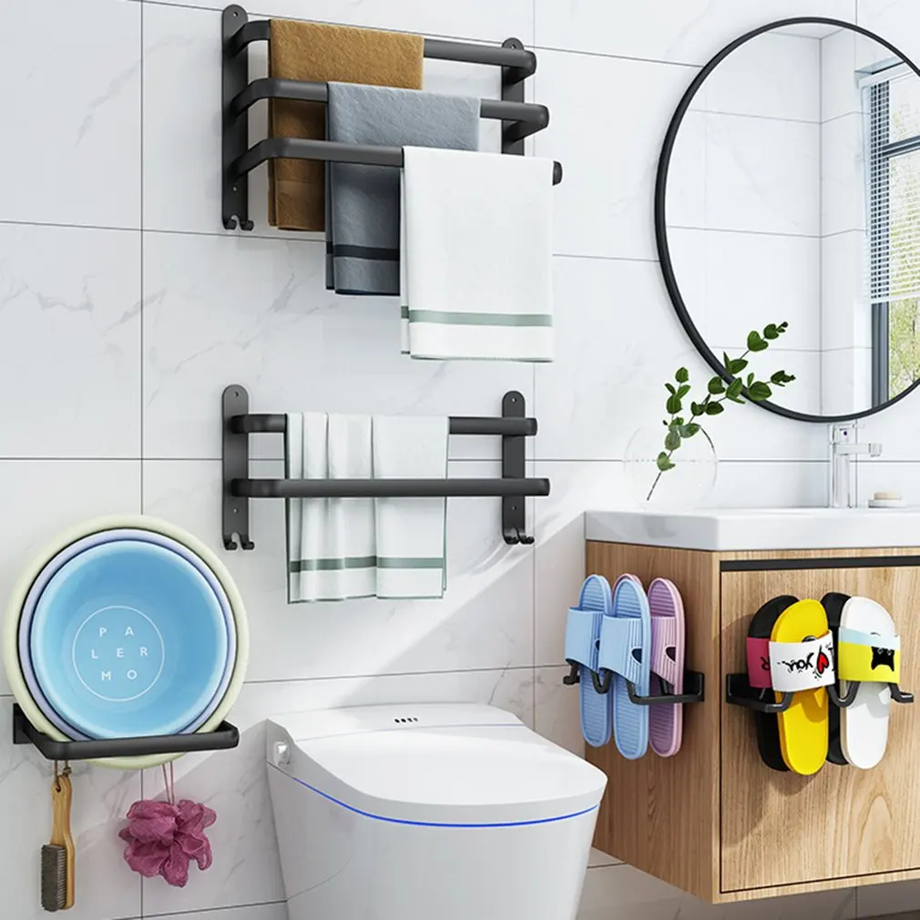 

Single Towel Rack Towel Holder Towel Bar Slipper Self Wall Mount Hanger Cloth Holder Shoe Rack Organizer With Hooks