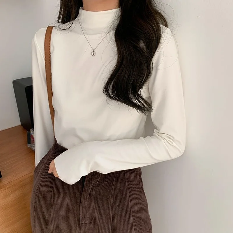 

Long Sleeve Women's T-shirts Clothes Tops Autumn Fashion Half High Collar Casual Korean Aesthetic All-match Pulovers Plain Slim