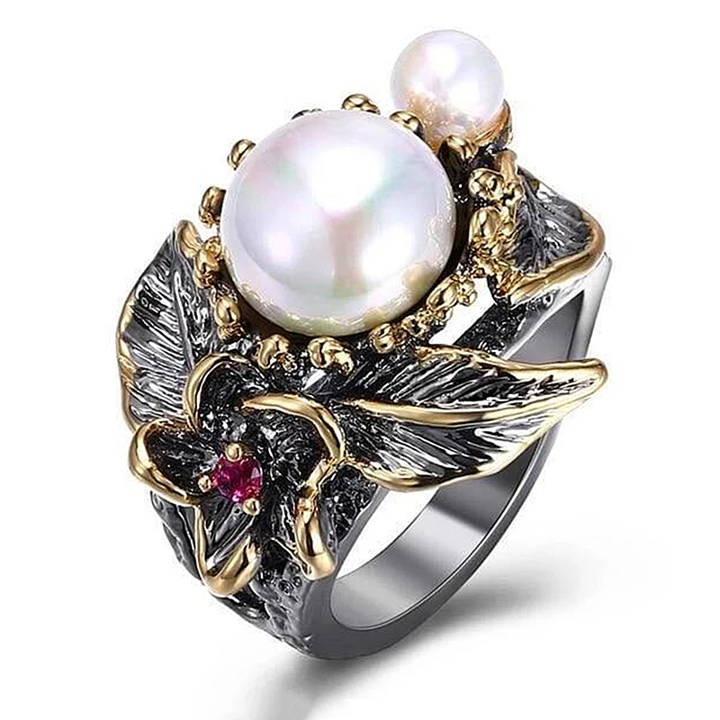 Винтажное кольцо с искусственным жемчугом и большим цветком для женщин античное