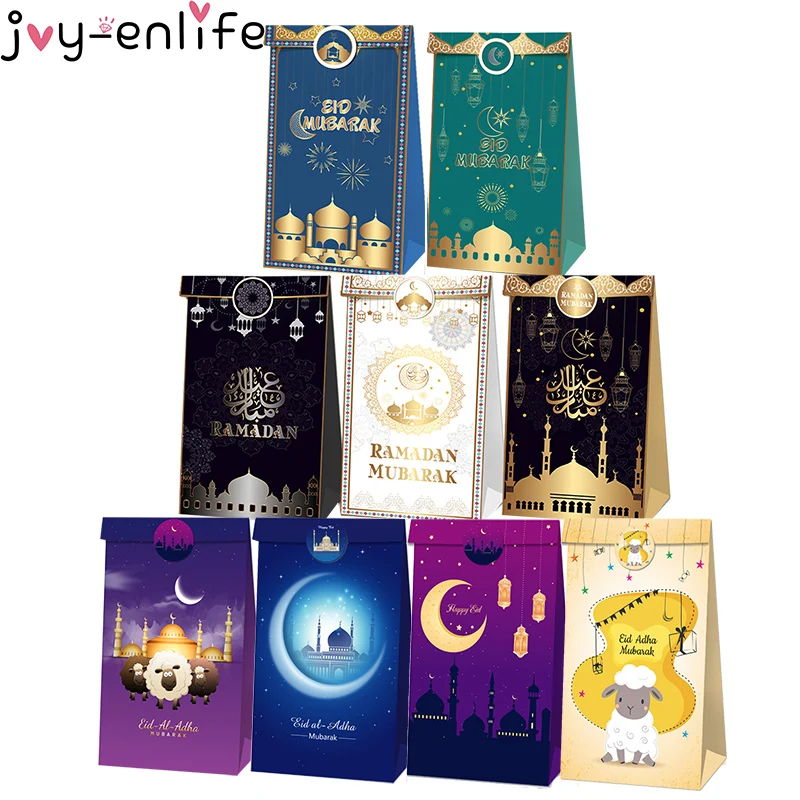 

12pcs Eid Mubarak Candy Box Ramadan Decorations Gift boxes with Stickers Islamic Muslim Festival Happy al-Fitr Eid Event Party