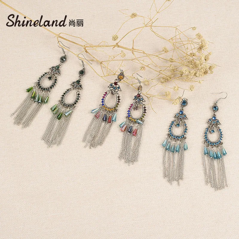 

New Bohemian Bijoux Colorful Crystal Geometric Flower Long Tassel Dangle Drop Earrings For Women Vintage Jewelry Gift