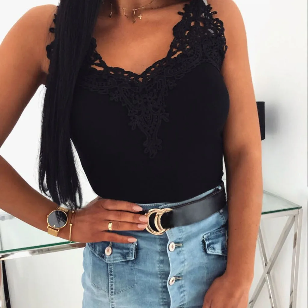 Women T-shirt Summer Fashion Ladies Casual Sexy Lace Splice Sleeveless V-neck Solid Slim Tank Vest Blouse Tops Party Shirts | Женская