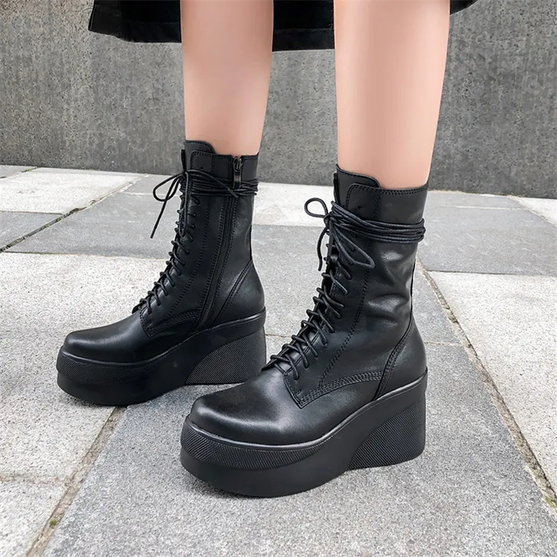 Meotina Winter Ankle Boots Women Natural Genuine Leather Platform Wedge High Heel Short Zip Round Toe Shoes Ladies Fall 39 | Обувь