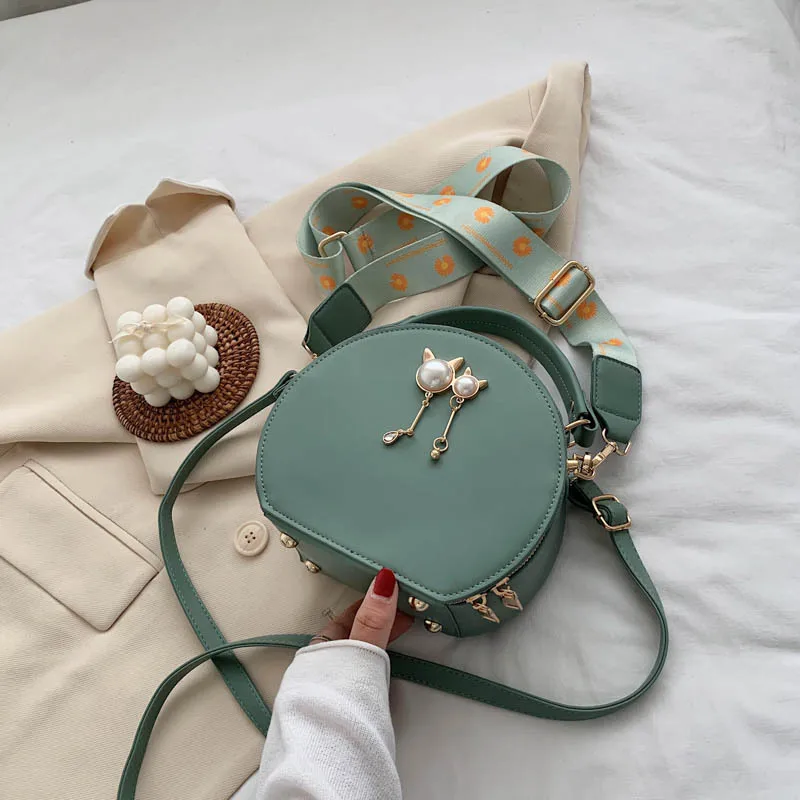 Модная маленькая круглая сумка новая через плечо Сумка с милым котом на молнии