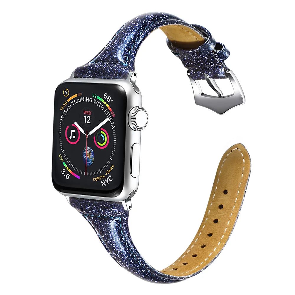 Кожаный ремешок для Apple Watch Series 5 4 3 2 Блестящий тонкий браслет iWatch 40/44/38/42 мм