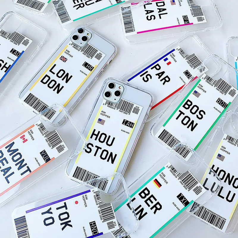 

Hot world city Dubai Singapore Paris Bangkok travel ticket label phone case for iphone 13 7 8 plus 11 Pro xs max 12 clear cover