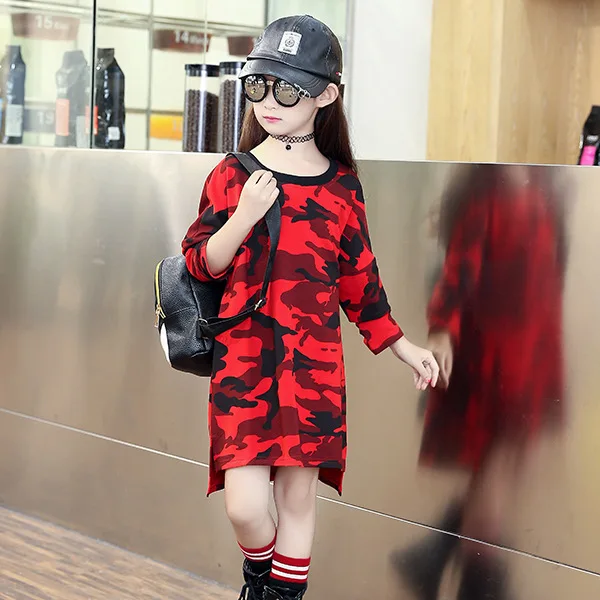 

2020 kids camouflage dresses for girls 4-14 years teen girl long sleeve casual sport Party dress Children's Cotton tracksuits