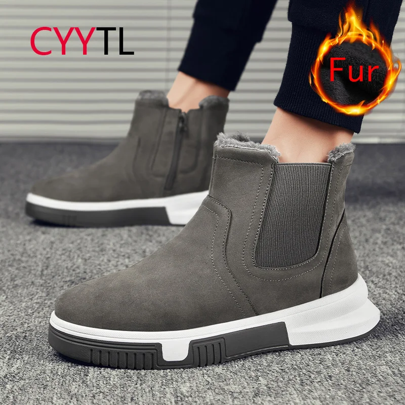 CYYTL Fashion Men's Ankle Boots Fully Fur Lined Outdoor Snow Anti Slip Shoes Side Zipper Winter Comfort Thick Sole Booties