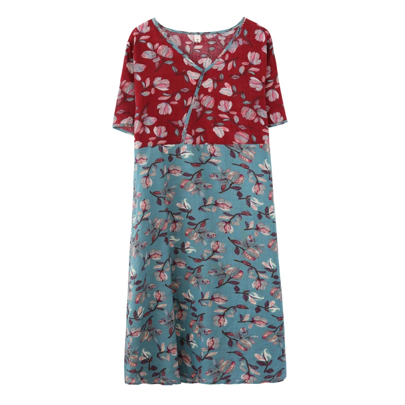 

2020 Summer New Artistic Retro Color Contrast Patchwork Floral Cotton Linen Short Sleeve Dress Loose V-neck A- line Skirt Women