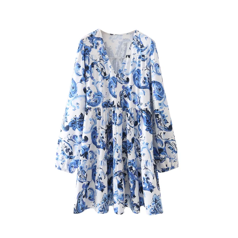 

Uniera 2021 Za женское раннее осеннее новое платье в европейском и американском стиле ретро с V-образным вырезом и принтом длинное платье с 7 рукав...