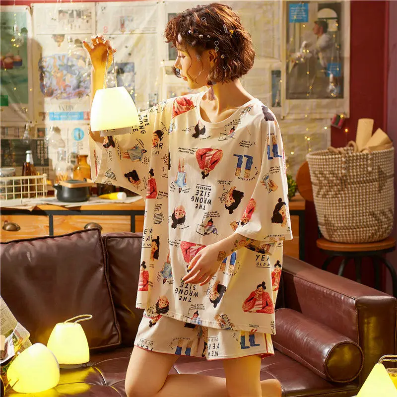 Pajamas Female Summer Cotton Short-sleeved Shorts Summer Korean Version of The Student Thin Section Cute Fresh Home Wear TwoSets