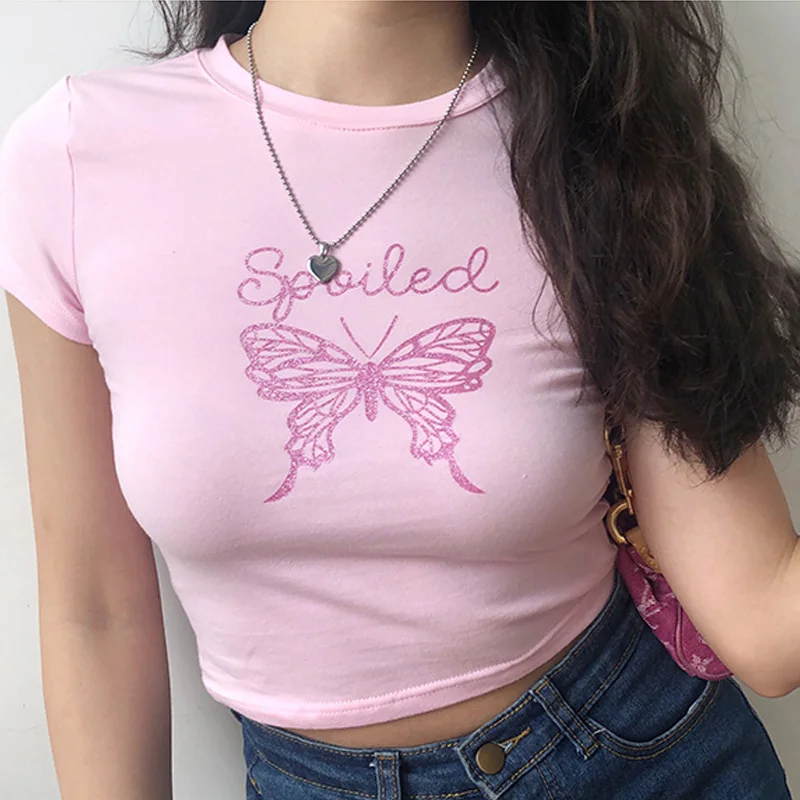 Sexy Pink Crop Top Women Summer Butterfly Graphic Letter T Shirt Ladies Baddie Egirl Tee Harajuku Cute Cropped 2020 | Женская одежда