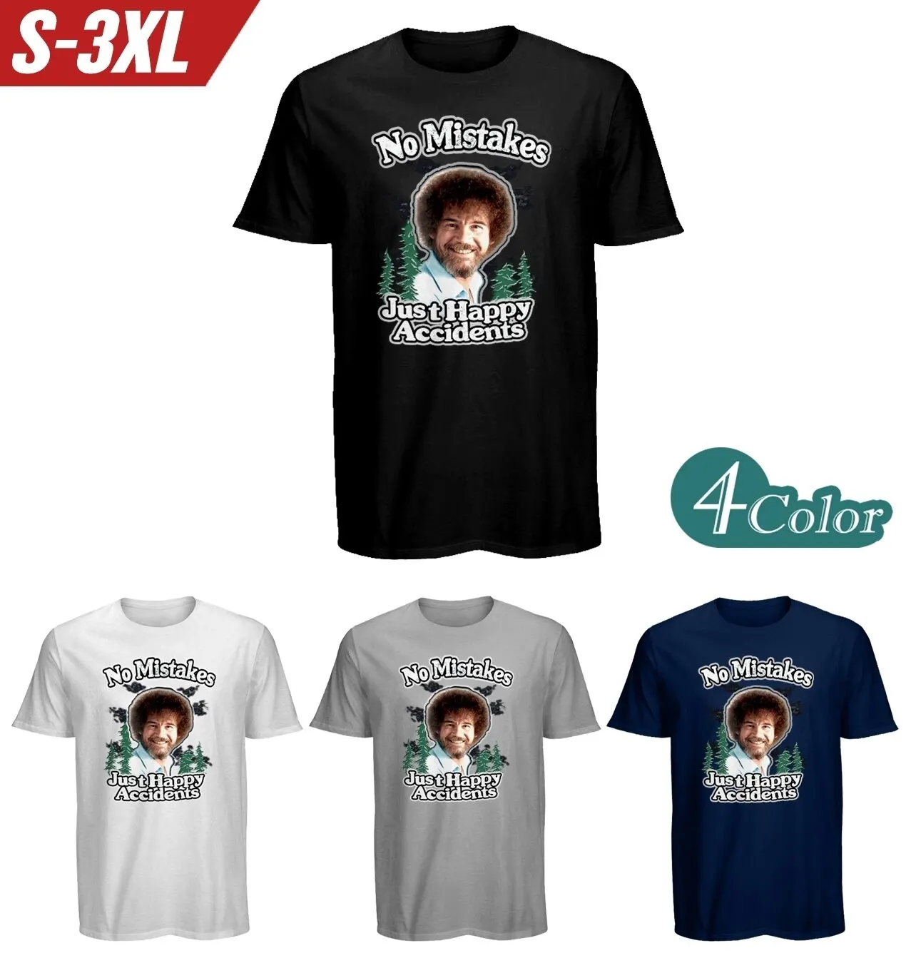Bob Ross inc. Мужская футболка с счастливыми авариями 4 вида цветов