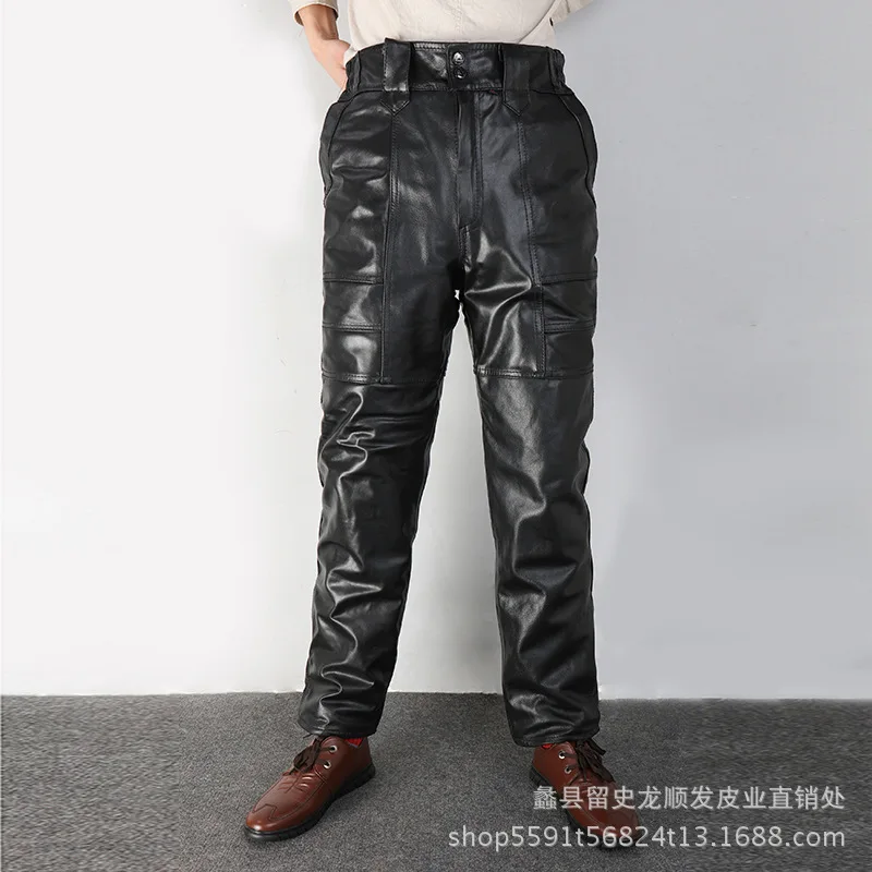 Мужские кожаные брюки теплые из овчины для отдыха осень/зима 2020|Повседневные