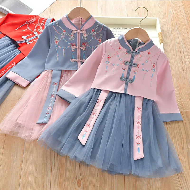 Новое Кружевное платье принцессы Hanfu с цветочной вышивкой для девочек