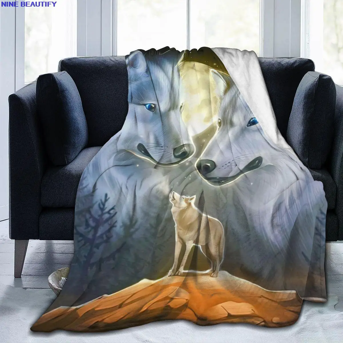 

New Ultra-soft the Wolf Micro Fleece Blanket Cartoon Blanket Bedding Wool Blanket with 3D Printed Symbol of Cartoon White Wolf