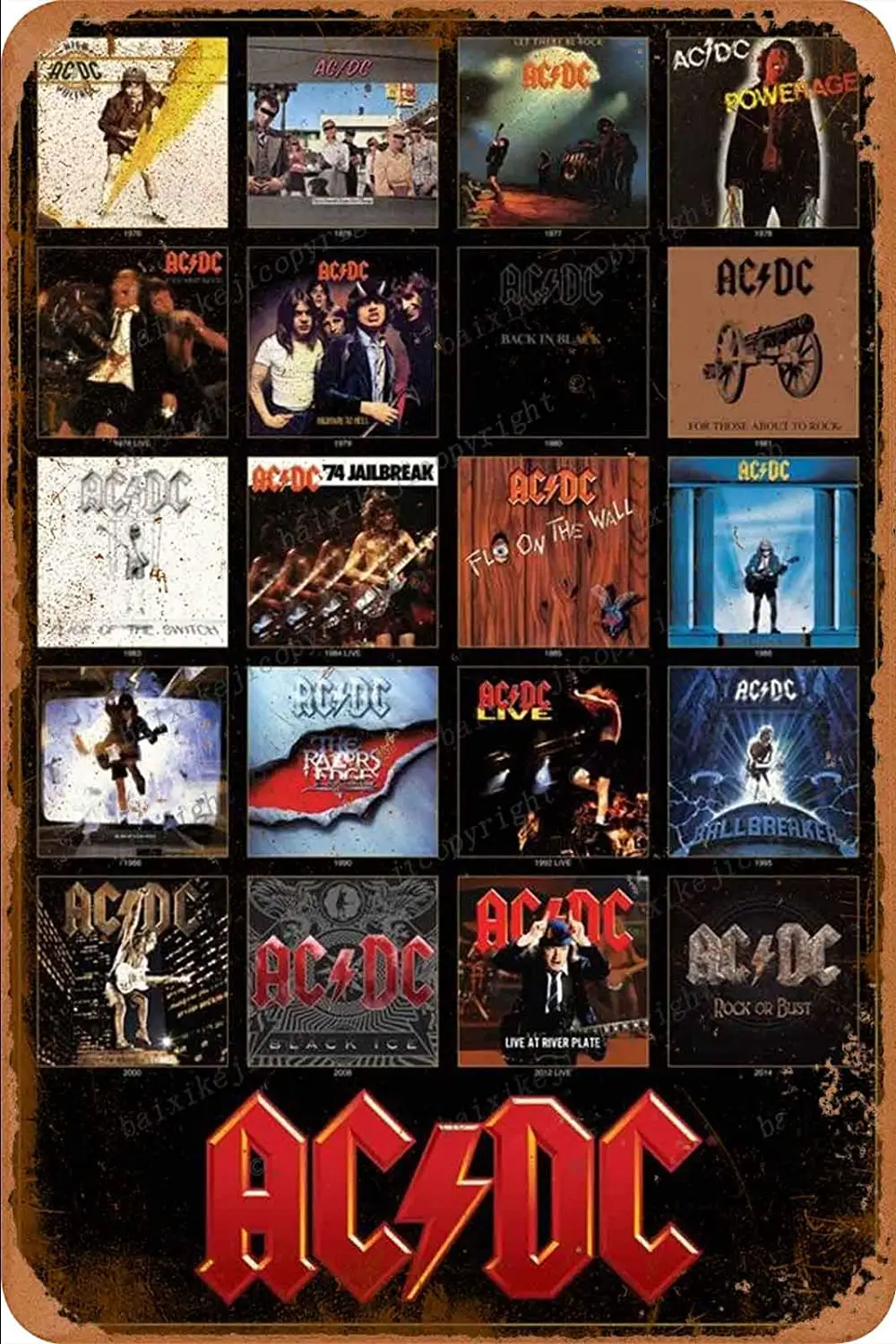 

ACDC Discography Poster Tin Sign Vintage Metal Sign Poster Home Wall Decor Cafe Bar Pub Club Gift