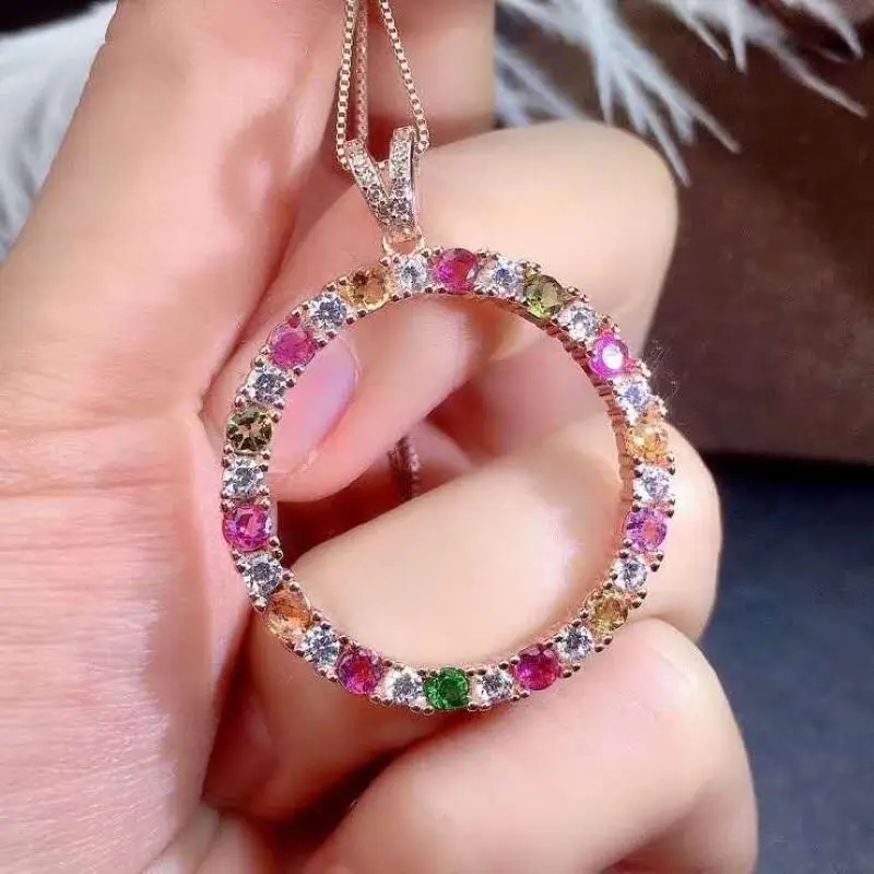 Round Natural Brazilian Candy Color Tourmaline Pendant Necklace For Women Party S925 sterling silver Fine Jewelry Certificated | Украшения