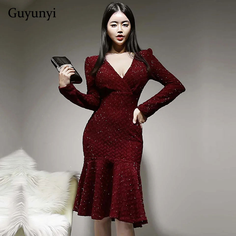 

Burgundy Party Dress 2021 Winter High Waist Tight Waist Hip Fishtail Loose Hem Long Sleeve V-Neck Elegant Women's Dresses