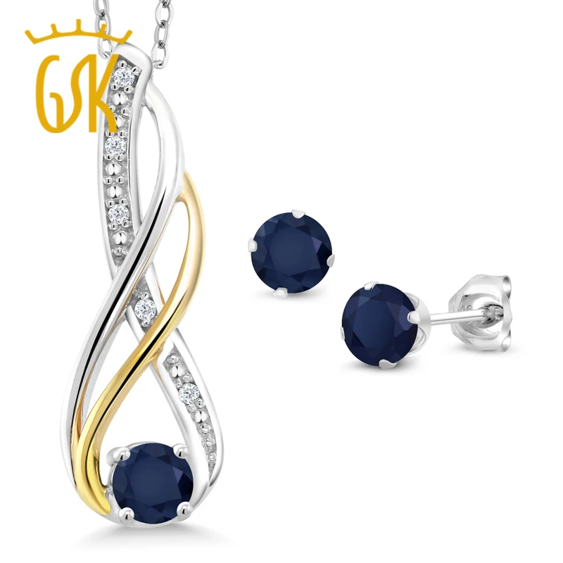 GemStoneKing 1 12 Ct голубой сапфир бриллиант 925 серебро и 10K желтое золото Кулон Комплект