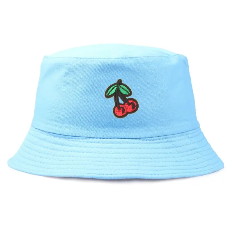 

Unisex Cotton Bucket Hat Cute Cherry Fruit Embroidery Wide Brim Fisherman Cap A2UA